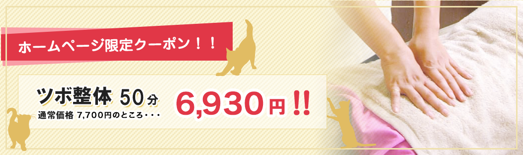 ホームページ限定クーポン　ツボ整体50分　通常価格4,000円のところ・・・3,500円!!